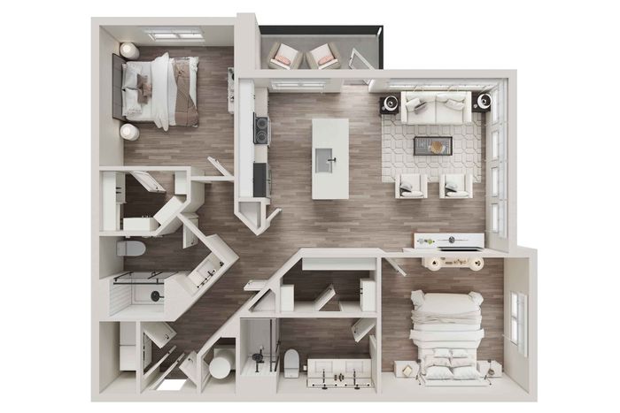 Modern 2D floor plan showcasing 2 bedrooms, a luxurious open kitchen with island, and an inviting living room area.