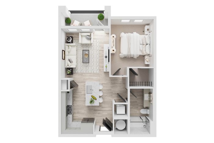 Modern apartment floor plan showcasing 1 bedroom, open-concept living room, sleek kitchen with island, cozy balcony, and stylish bathroom.