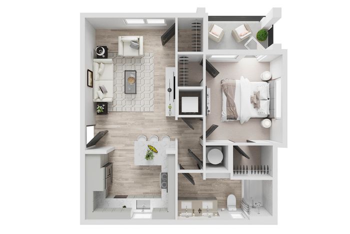 Modern 3D floor plan featuring 1 bedroom, an elegant open-concept living room, and a sleek kitchen with bar seating, complemented by a stylish bathroom.
