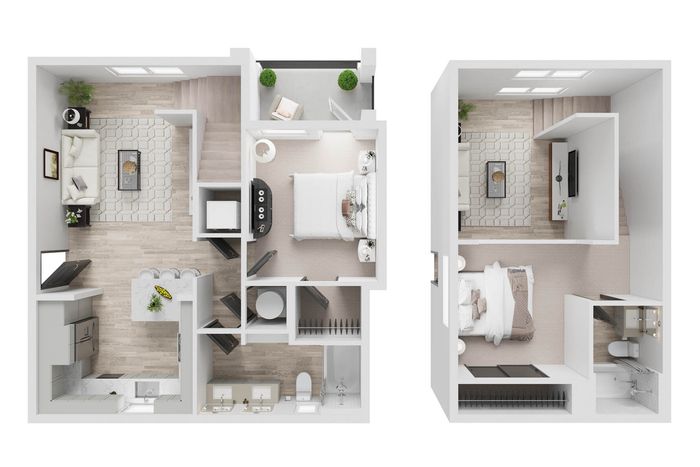 Modern floor plan showcasing a two-level apartment with an elegant living room, open kitchen, and two cozy bedrooms featuring en-suite bathrooms.