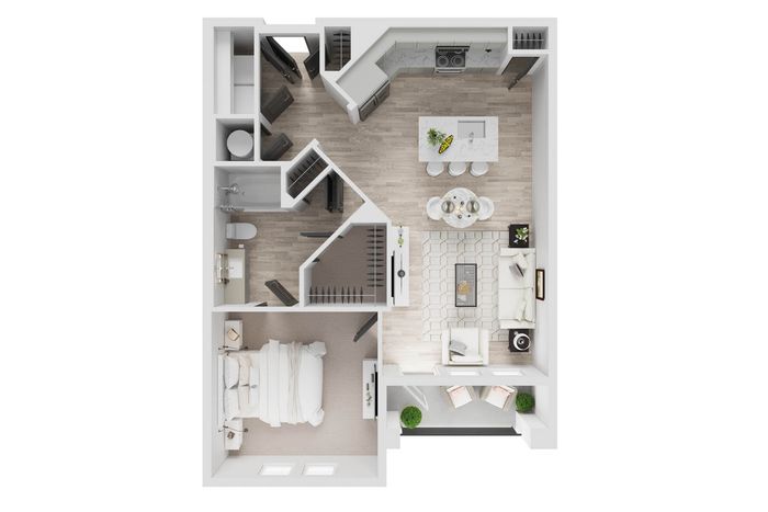 Modern floor plan showcasing a cozy 1-bedroom apartment with an open-concept living area, sleek kitchen, and an inviting balcony.