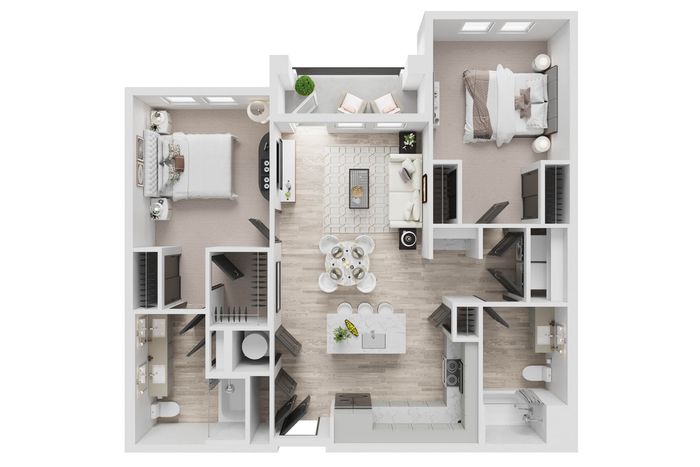 Modern 3D floor plan showcasing a stylish apartment with two cozy bedrooms, an open-concept living and dining area, and a sleek kitchen. Features include abundant natural light, elegant furnishings, and a seamless flow for effortless living.