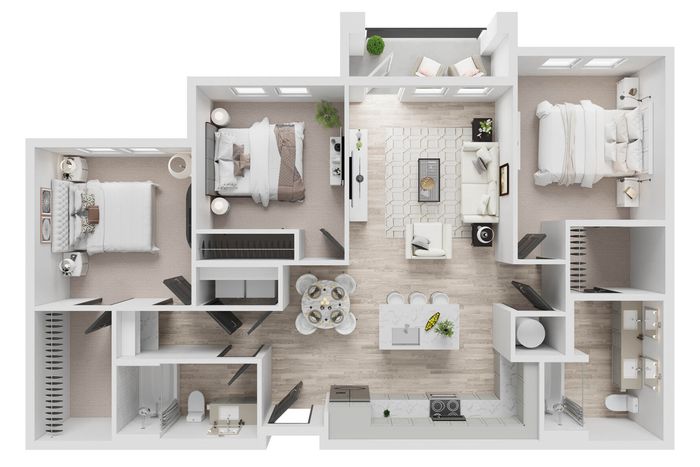 Contemporary 2D floor plan illustrating a chic apartment layout with two cozy bedrooms, an elegant open-concept living and dining area, modern kitchen, and private balcony.