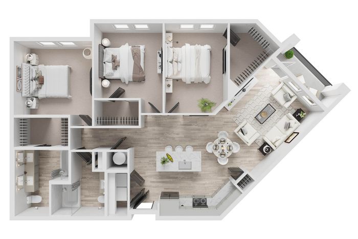 Elegant 3D floor plan highlighting 3 spacious bedrooms, modern open-plan living area, gourmet kitchen, and chic furnishings.