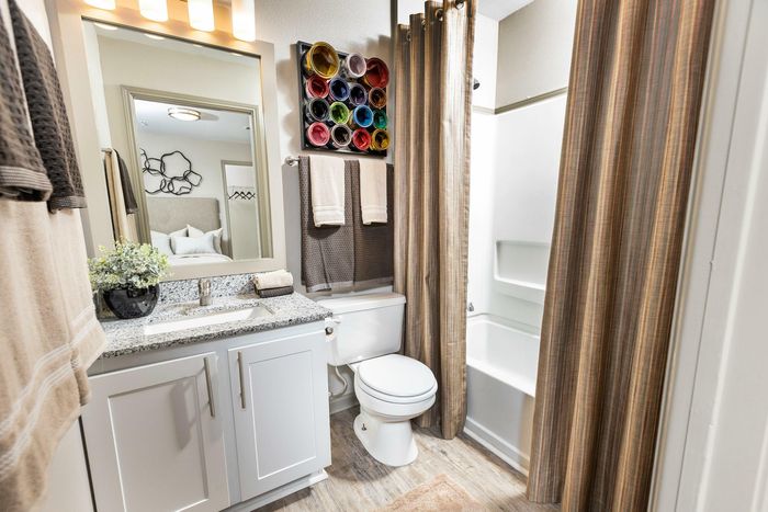 Elegant bathroom featuring granite countertops, modern fixtures, and chic wall decor.