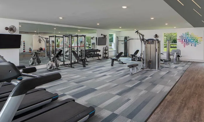 Modern fitness center with state-of-the-art equipment, mirrored walls, and motivational design, perfect for an active lifestyle.