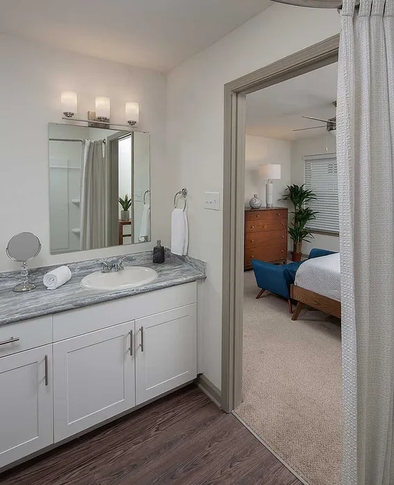 Elegant bathroom with modern vanity connecting to a cozy bedroom featuring stylish wooden furniture and warm lighting.