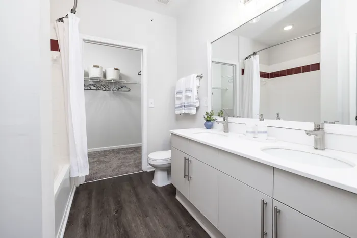 Chic bathroom with elegant double sinks, spacious walk-in closet, and modern shower, showcasing luxury vinyl flooring and sleek cabinetry.