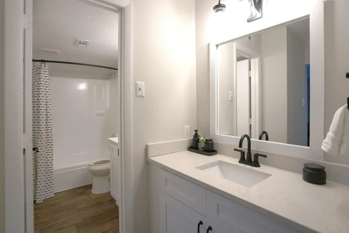 Elegant bathroom with a modern vanity, large mirror, and a stylish shower area with patterned curtain, complemented by natural wood flooring.
