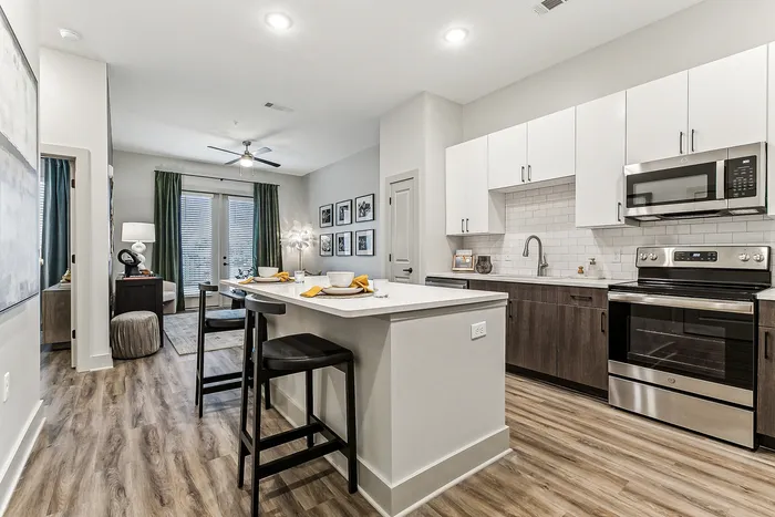 Modern open-concept kitchen and living area featuring sleek cabinetry, stainless steel appliances, and a cozy dining space, accentuated by stylish decor and natural light.