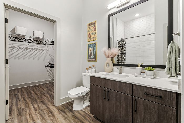Modern bathroom featuring elegant vanity, large mirror, and stylish decor with adjacent spacious walk-in closet.