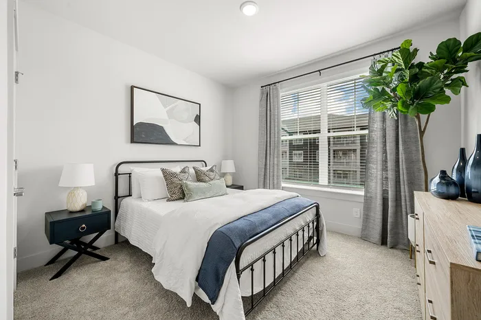 Inviting bedroom with modern decor, featuring a stylish black-framed bed, plush pillows, a chic side table, vibrant green plant, and large window for abundant natural light.