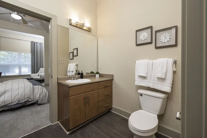 Modern bathroom with elegant vanity and cozy adjacent bedroom featuring natural light.