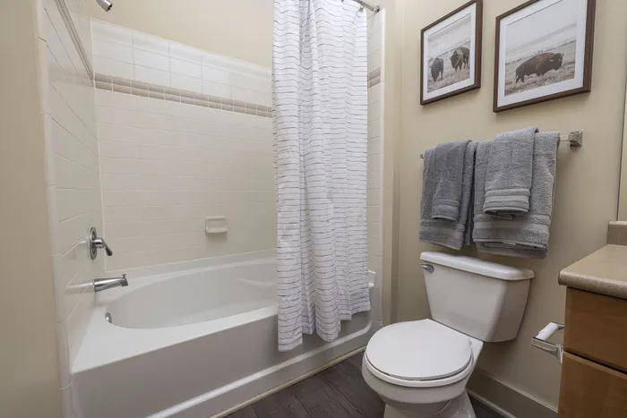 Inviting bathroom featuring a modern tub with stylish curtain, elegant tilework, and cozy towels for a relaxing experience.
