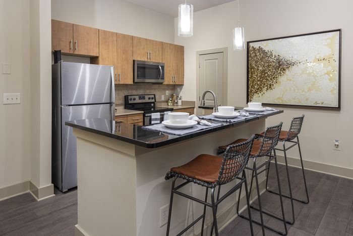 Modern kitchen with sleek stainless steel appliances, elegant wood cabinetry, and a stylish breakfast bar with chic seating in a cozy, well-lit apartment.