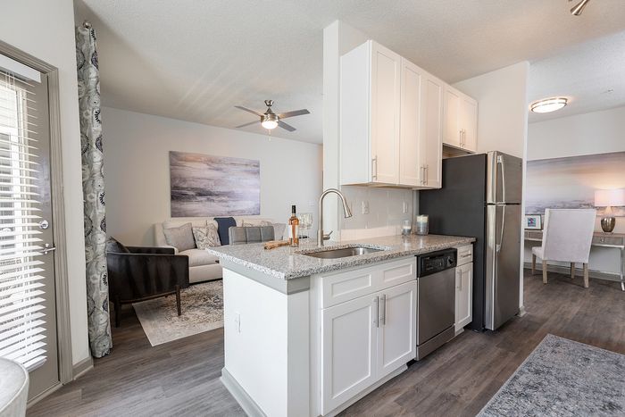 Modern open-plan apartment with a sleek kitchen, granite countertops, cozy living area, and stylish decor.