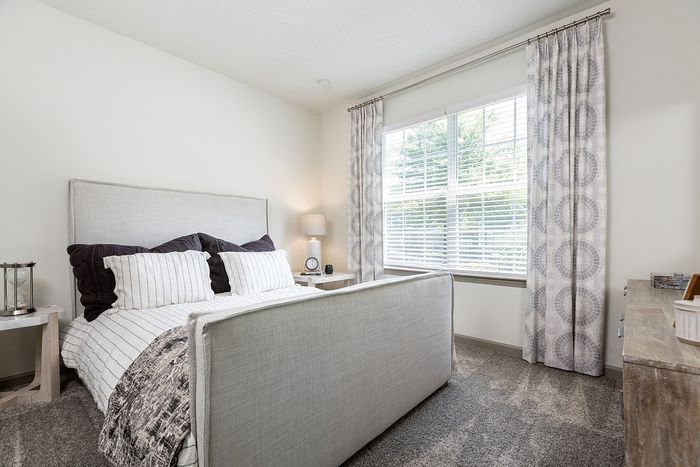 Bright and inviting bedroom with modern decor, featuring a plush bed, soft carpet, and large sunlit windows framed by elegant curtains.