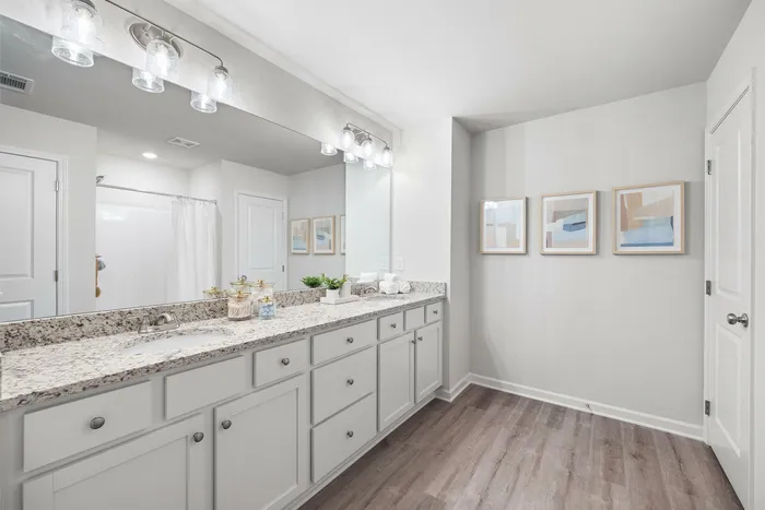 Sleek contemporary bathroom with double granite sinks, elegant lighting, and stylish artwork on clean white walls.