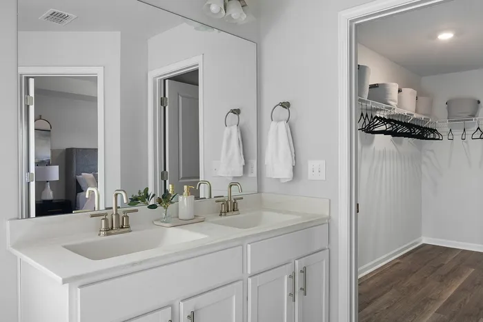 Modern bathroom with elegant double sinks and spacious walk-in closet, showcasing a sleek and sophisticated design.