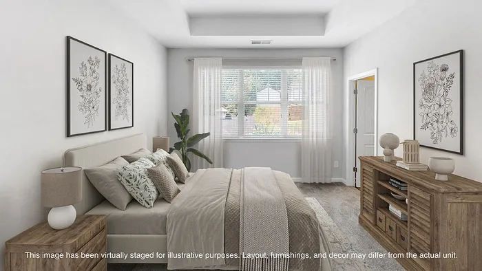 Bright and airy bedroom with elegant decor, featuring a large window, stylish art, and cozy bedding.