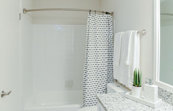 Bright and modern bathroom featuring a white bathtub with a stylish striped shower curtain, elegant granite countertop, and lush green plant for a fresh touch.