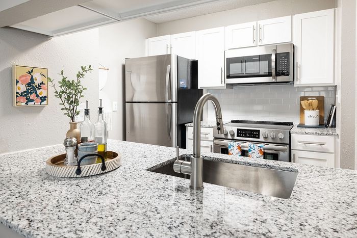 Modern kitchen with sleek granite countertops, stainless steel appliances, and stylish decor, ideal for culinary creativity and entertaining.