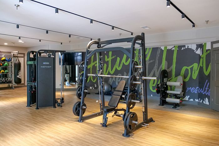 Modern fitness center equipped with state-of-the-art gym equipment, including weights and machines, set against an inspiring mural backdrop.