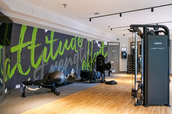 Vibrant gym space featuring modern fitness equipment and motivational wall art for an energized workout experience.