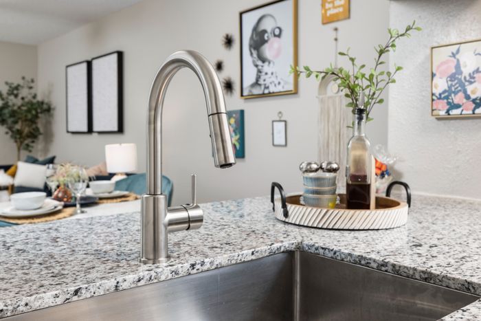 Elegant kitchen with sleek granite countertops, modern faucet, and stylish decor in a sophisticated dining setting.