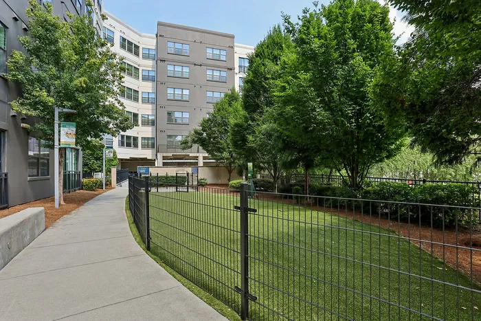 Inviting apartment exterior showcasing lush green trees, well-maintained walkway, and a modern building facade with ample windows.