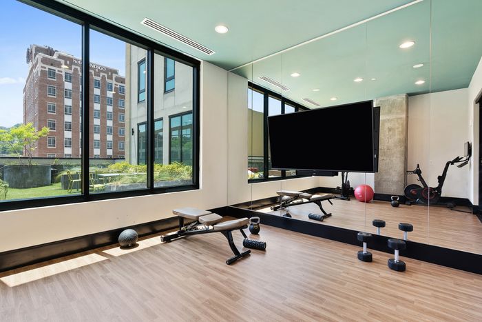 Inviting apartment gym with modern equipment, large mirrors, and abundant natural light overlooking a vibrant cityscape.