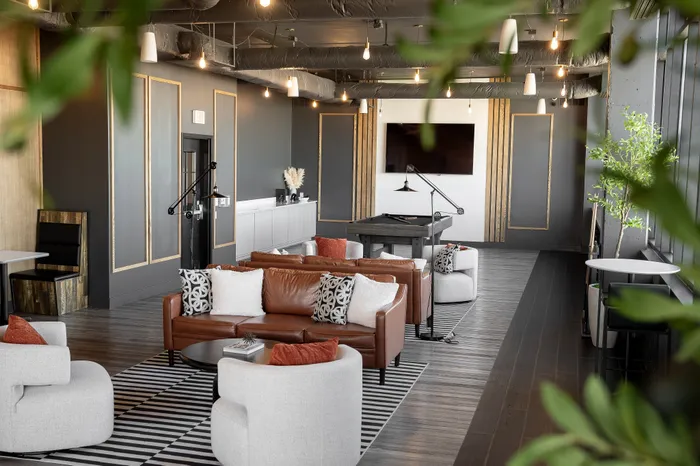 Modern lounge area with stylish leather sofas, chic armchairs, and a sleek entertainment setup, creating a cozy and inviting atmosphere.