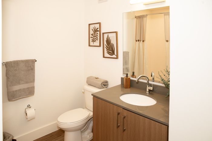 Elegant bathroom featuring modern fixtures, a sleek vanity with a polished faucet, and tasteful wall decor, creating a serene and stylish atmosphere.