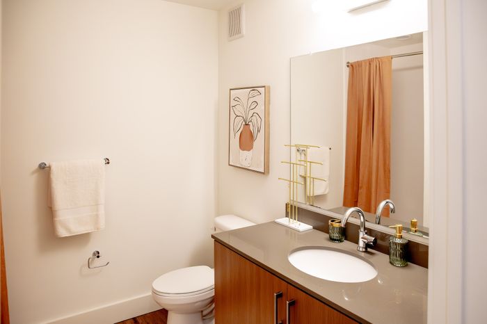 Elegant bathroom featuring a sleek vanity with modern fixtures, chic wall art, and warm decor accents.