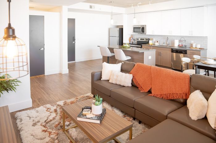 Contemporary open-concept living space featuring a cozy brown sofa with orange accents, stylish kitchen with modern appliances, and a chic pendant light.