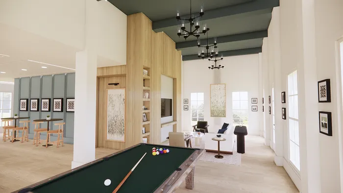 Elegant apartment interior with a modern billiard table, stylish seating area, and high ceilings adorned with chandeliers.