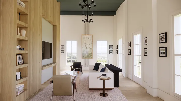 Elegant living room with high ceilings, contemporary decor, and abundant natural light streaming through large windows.