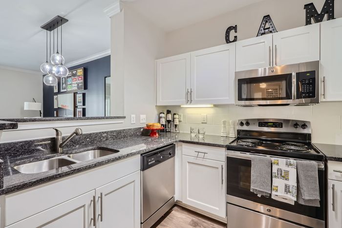 Modern kitchen with sleek granite countertops, stainless steel appliances, and contemporary lighting, offering a stylish and functional space for cooking and entertaining.