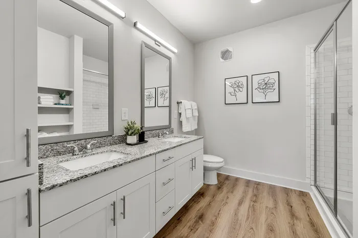 Luxurious bathroom featuring sleek granite countertops, dual sinks, elegant fixtures, and modern artwork for a sophisticated touch.
