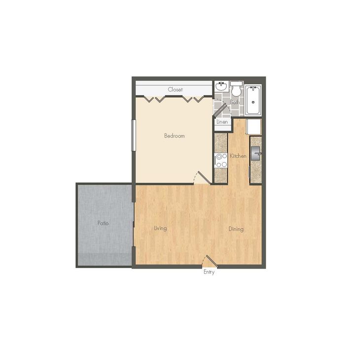 Contemporary 2D floor plan featuring 1 bedroom, open living and dining area, compact kitchen, and a private patio.