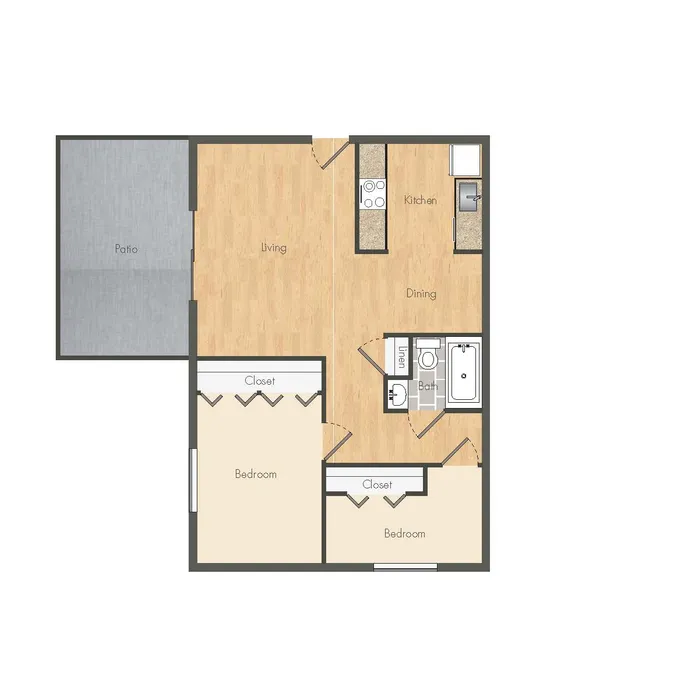 Chic 2-bedroom floor plan with open living area, kitchen, dining space, and patio.