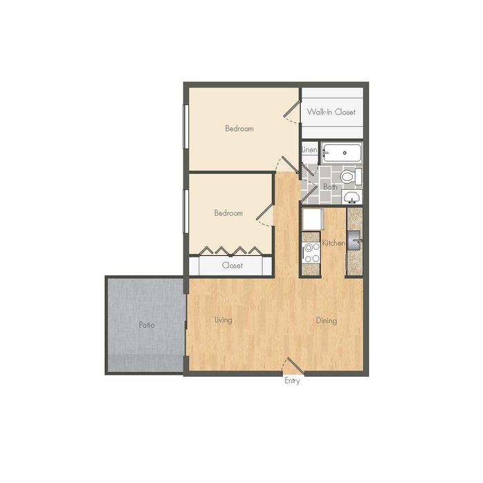 Floor plan showcasing 2 bedrooms, open living and dining area, kitchen, bath, and a patio.