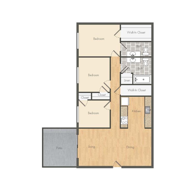 Contemporary floor plan showcasing 3 bedrooms, open dining and living area, with a kitchen and patio.