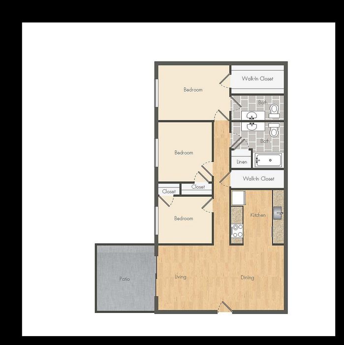 2D floor plan with 3 bedrooms, open living dining area, kitchen, 2 bathrooms, and patio.