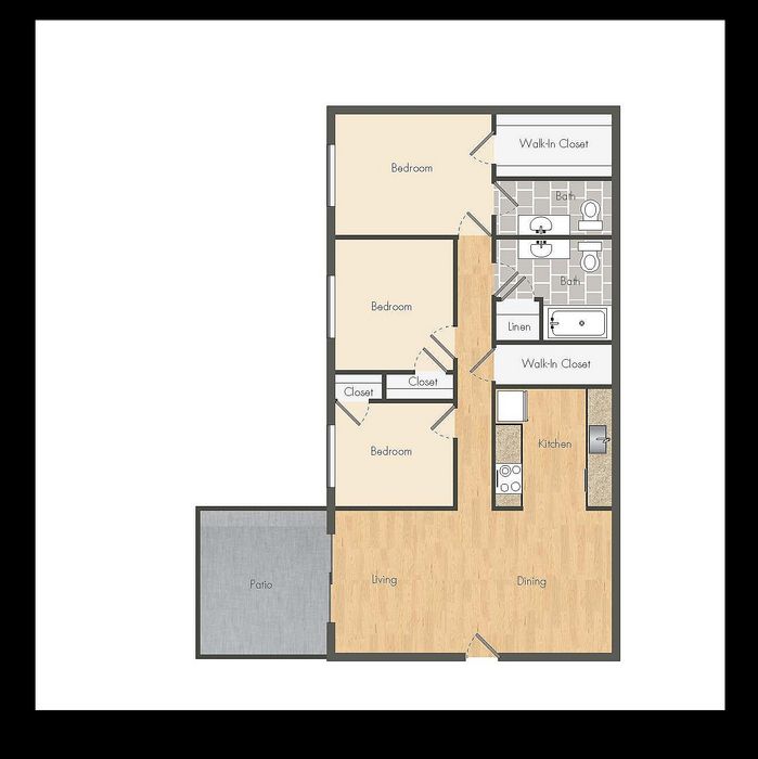 Contemporary 3-bedroom apartment floor plan featuring open living and dining area with a patio.