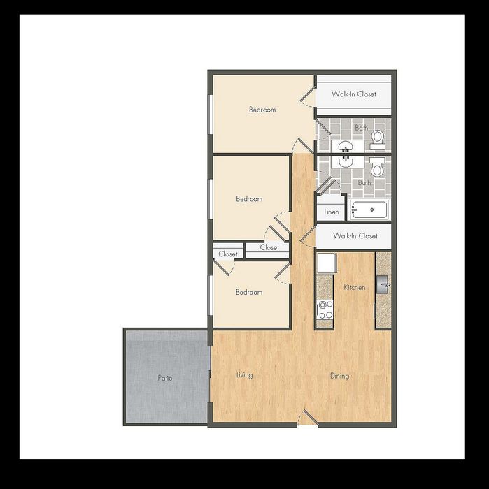 Modern floor plan displaying 3 bedrooms, an open living and dining area, kitchen, and patio.