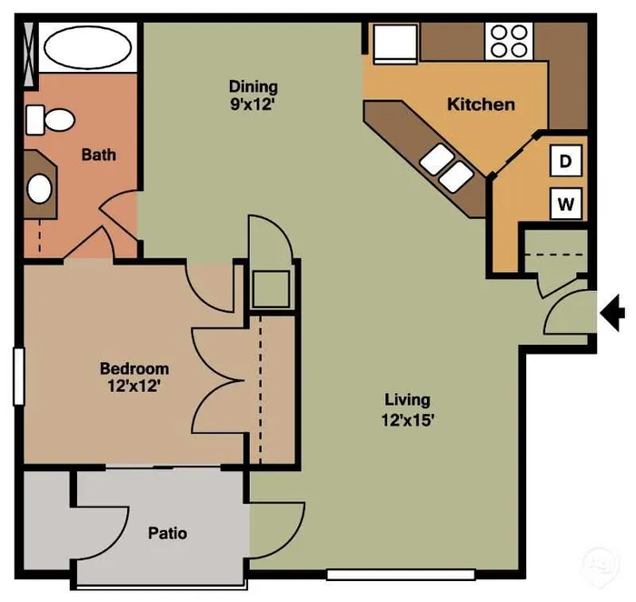 2D floor plan of a cozy apartment with 1 bedroom, open living area, kitchen, and private patio.