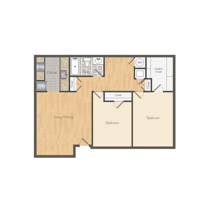 Chic floor plan showcasing 2 bedrooms, an open living and dining area, kitchen, and bathroom with modern design.