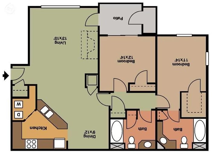 Inviting 2D floor plan with 2 bedrooms, patio access, and modern amenities.