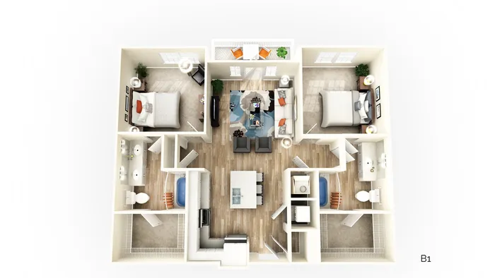 Chic 3D floor plan featuring two bedrooms, an open living area, a modern kitchen, and private balconies.